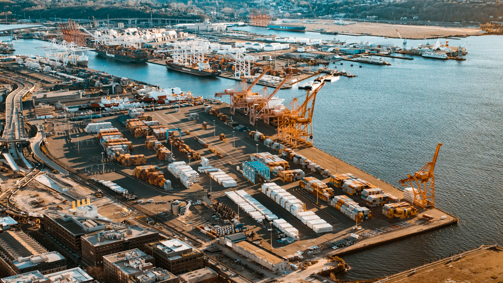Aerial view of industrial buildings near port area