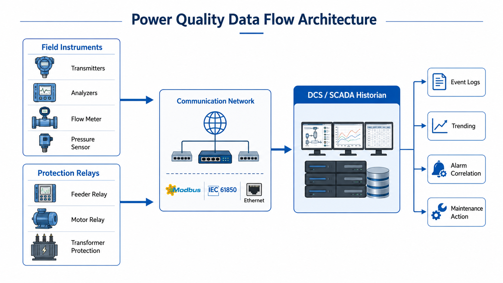 Power quality data flow architecture showing field instruments, protection relays, communication network, DCS SCADA historian, and maintenance insights.