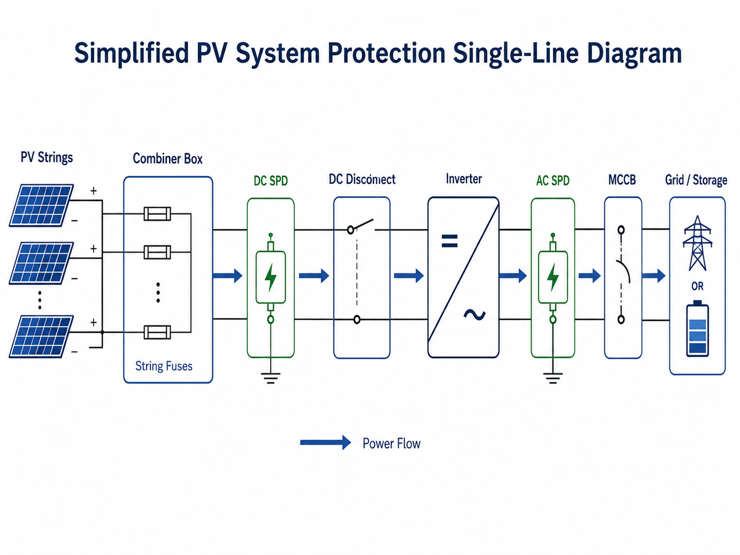 PV system protection single-line diagram showing combiner box, DC SPD, DC disconnect, inverter, AC SPD, MCCB, and grid or storage connection.