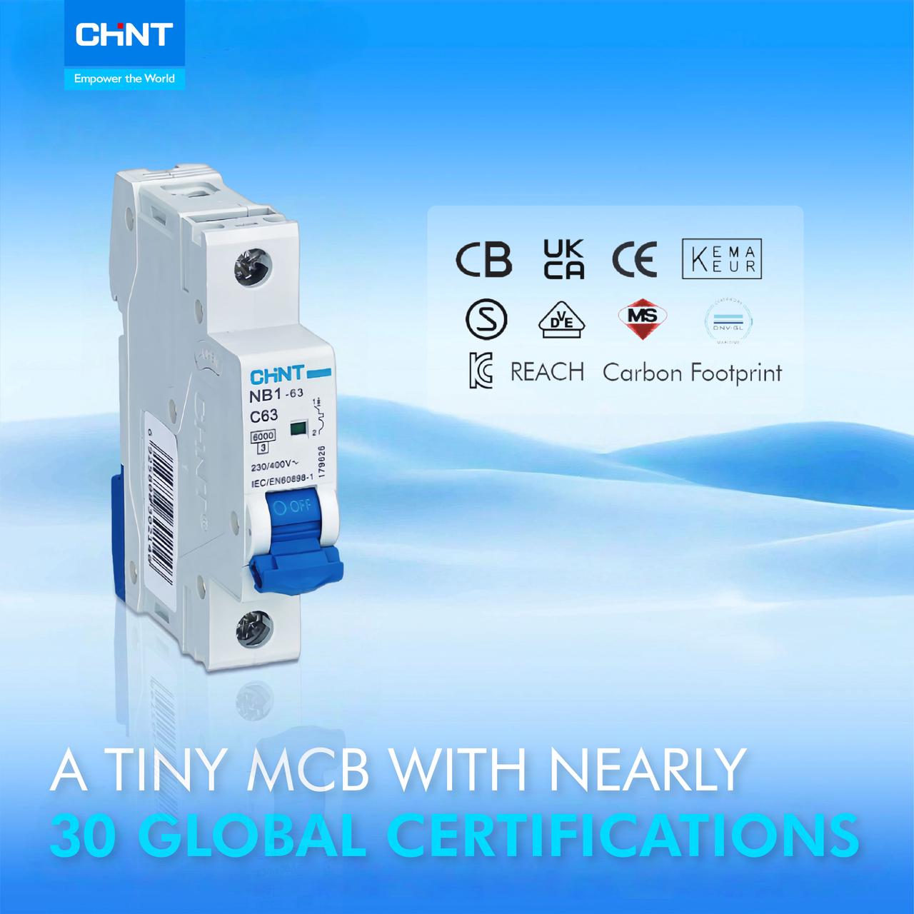 CHINT NB1-63 miniature circuit breaker featuring compact design and nearly 30 global certifications for reliable electrical protection