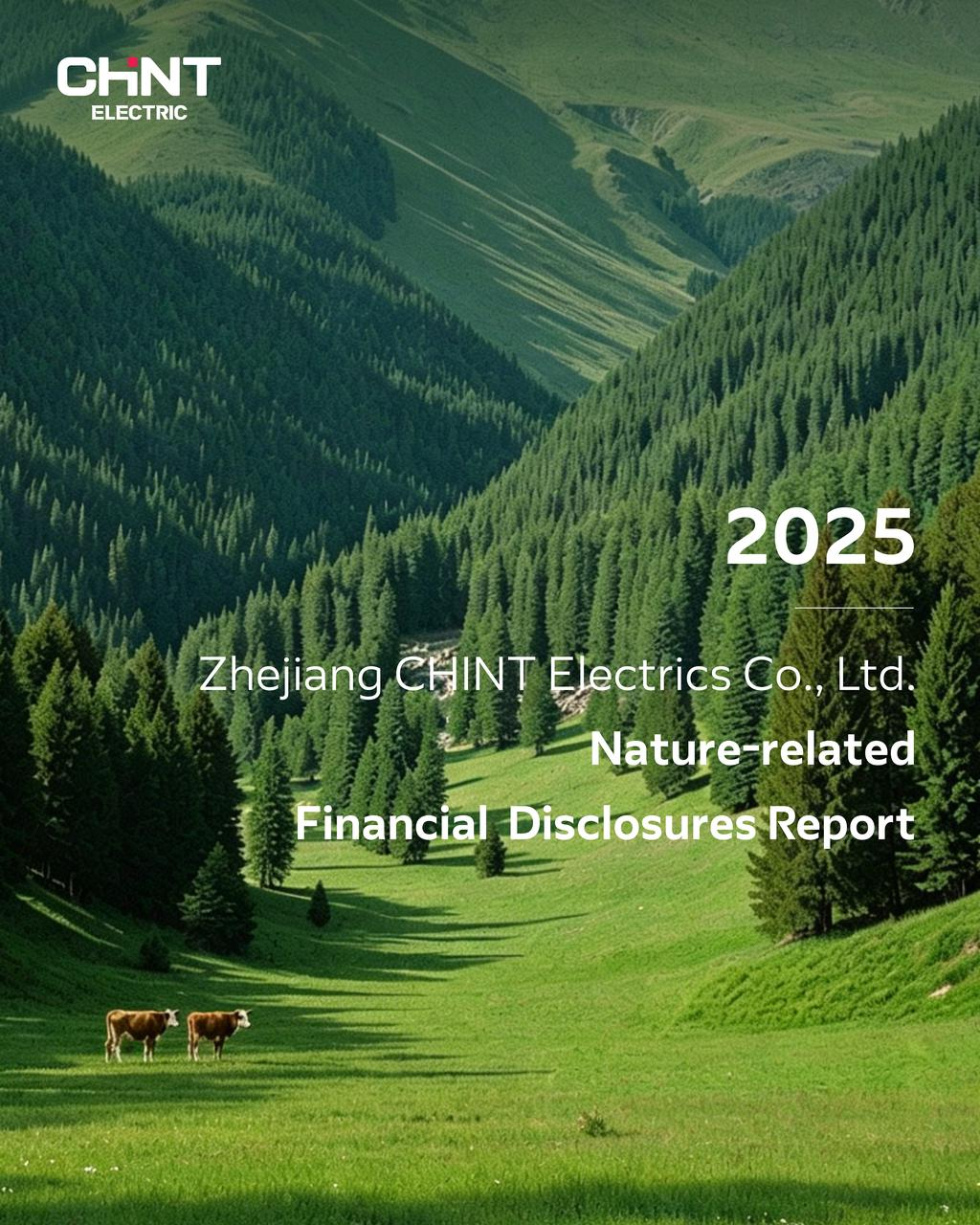 CHINT Electric 2025 Climate-related Financial Disclosures Report cover featuring green forest and cloud landscape