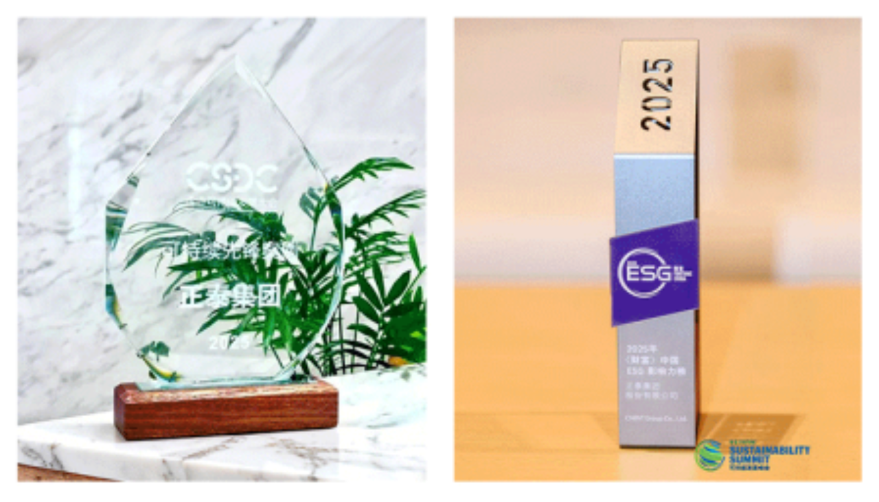 CHINT 2025 ESG awards including a CSO sustainability recognition trophy and a Sustainability Summit Excellence Award plaque.