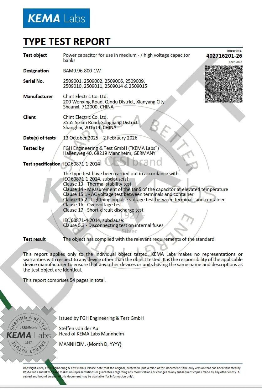 kema labs type test report for chint 60hz 800kvar capacitor unit
