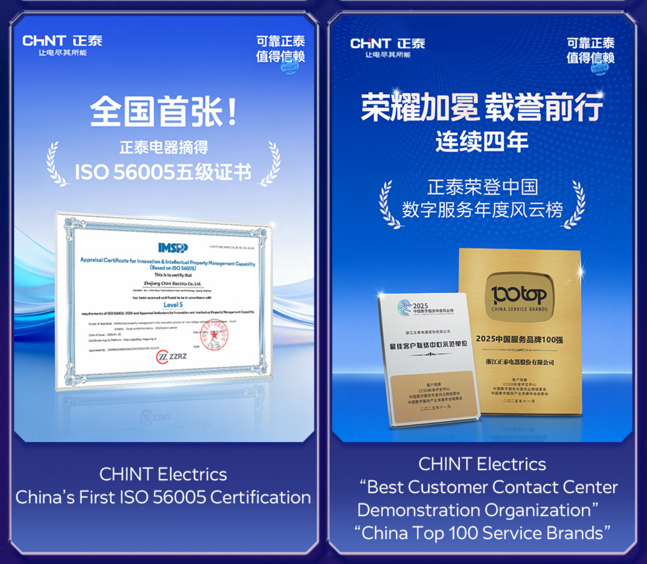 CHINT certifications and service awards demonstrating innovation capability, customer service excellence, and brand reliability