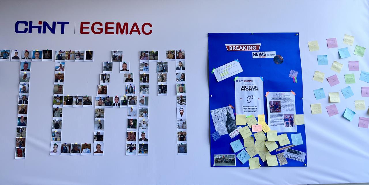 CHINT EGEMAC employee wall featuring team photos, messages, and recognition highlights celebrating people and achievements