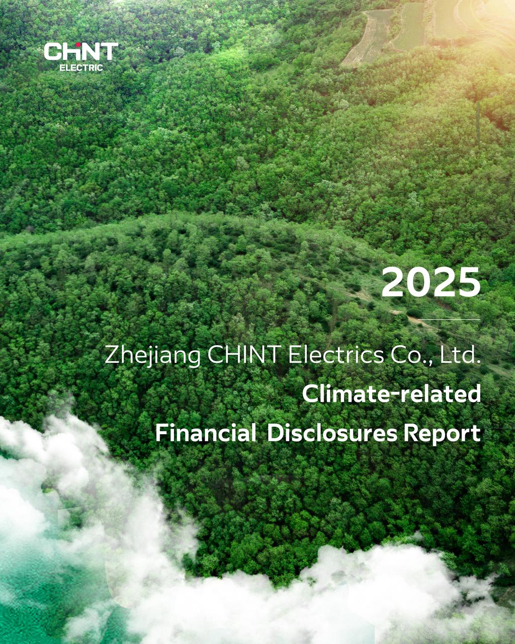 CHINT Electric 2025 Climate-related Financial Disclosures Report cover featuring green forest and cloud landscape