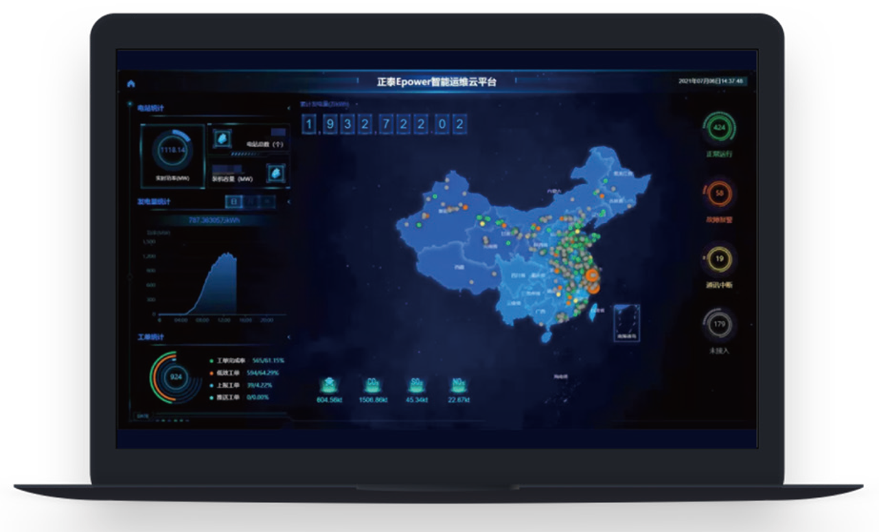 CHINT Empower X energy management cloud platform dashboard displaying real-time power data, geographic distribution, and system analytics