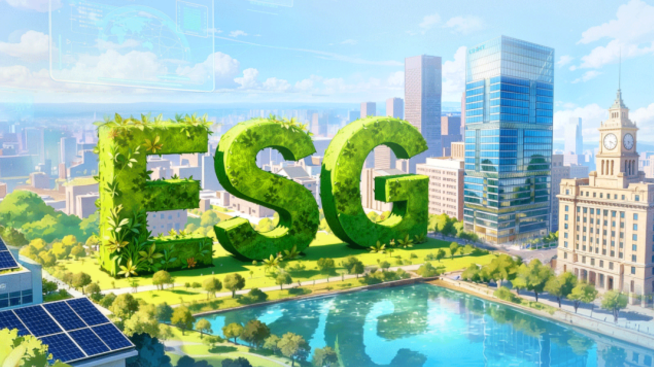 Large green “ESG” letters covered in plants displayed in a modern eco-friendly city with solar panels, high-rise buildings, and a waterfront park symbolizing sustainable development.