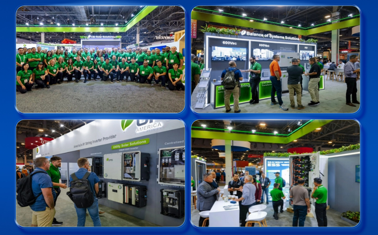 CHINT Electric exhibition booth with staff in green uniforms interacting with visitors, showcasing solar and energy solutions at trade show