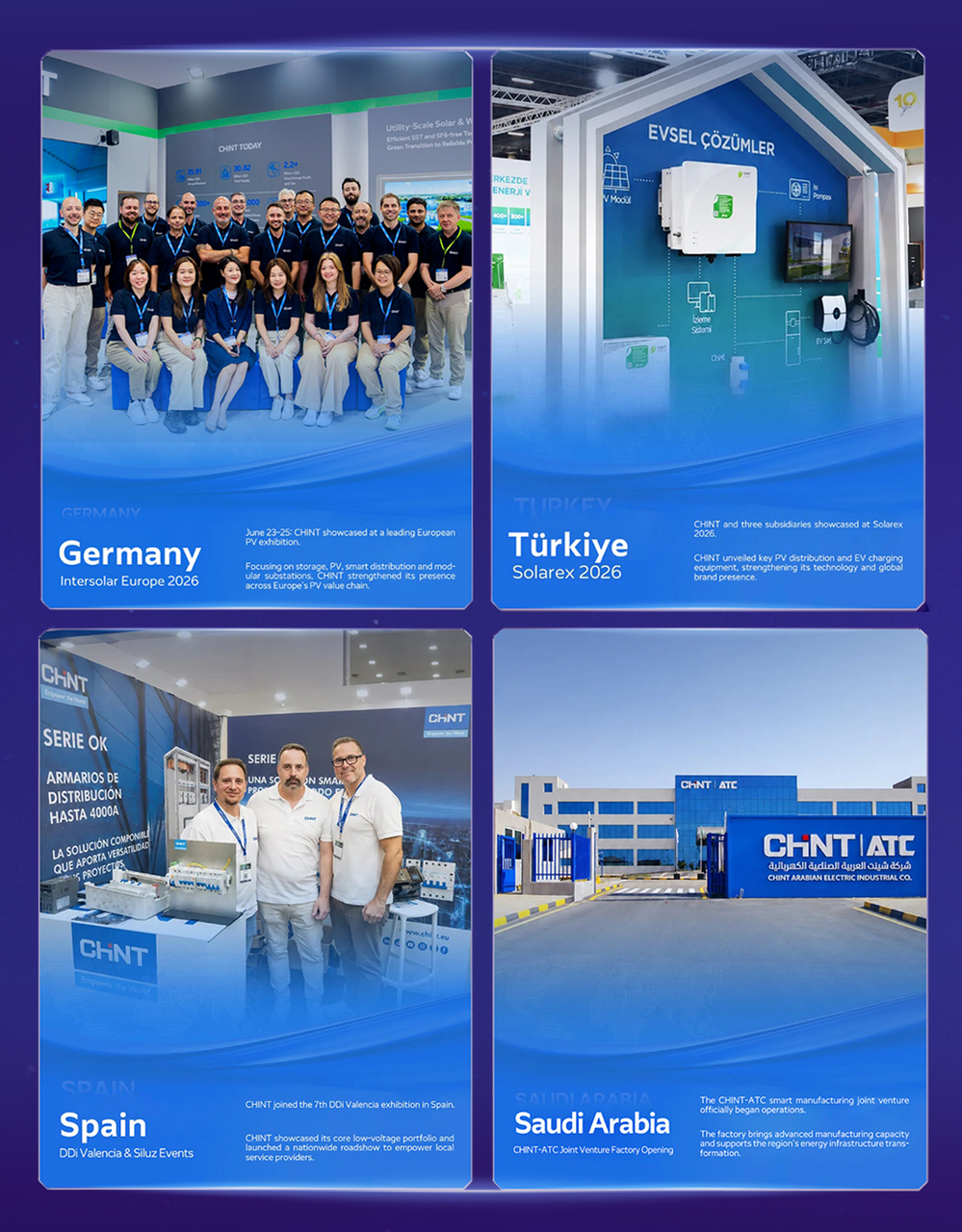 CHINT global expansion highlights featuring international exhibitions, local partnerships, and manufacturing development in Germany, Türkiye, Spain, and Saudi Arabia