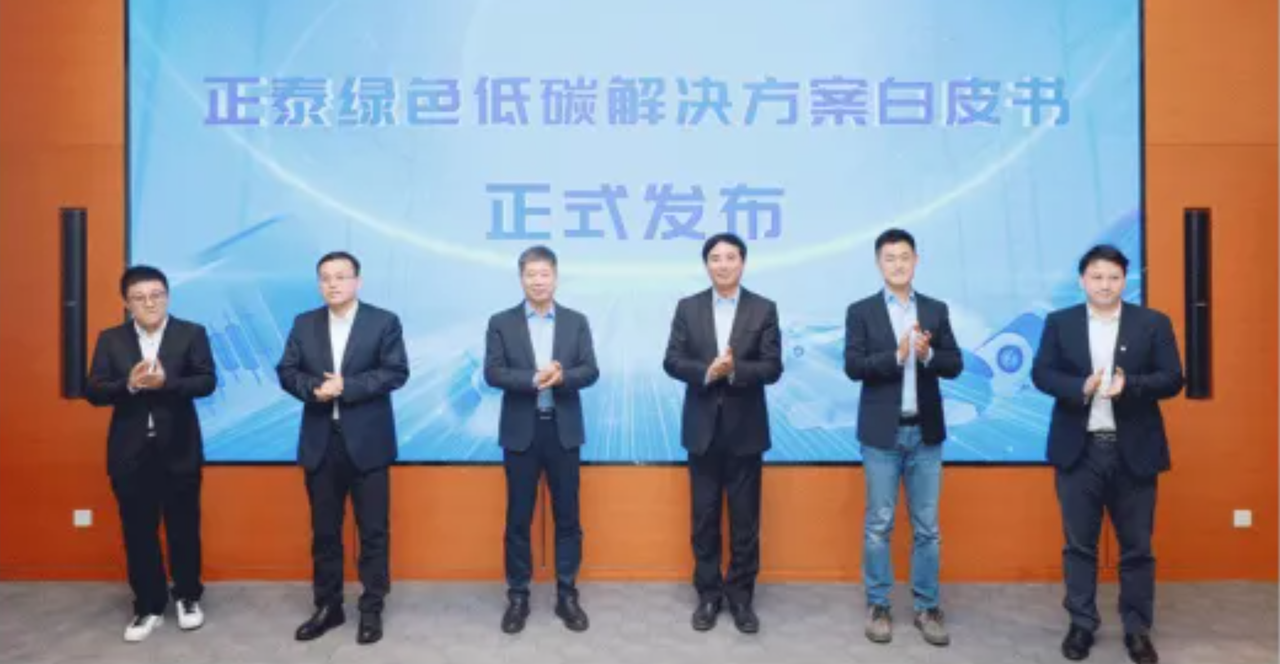 CHINT executives at the official launch ceremony of the Green Low-Carbon Solutions White Paper, standing on stage in front of a presentation screen announcing the release.