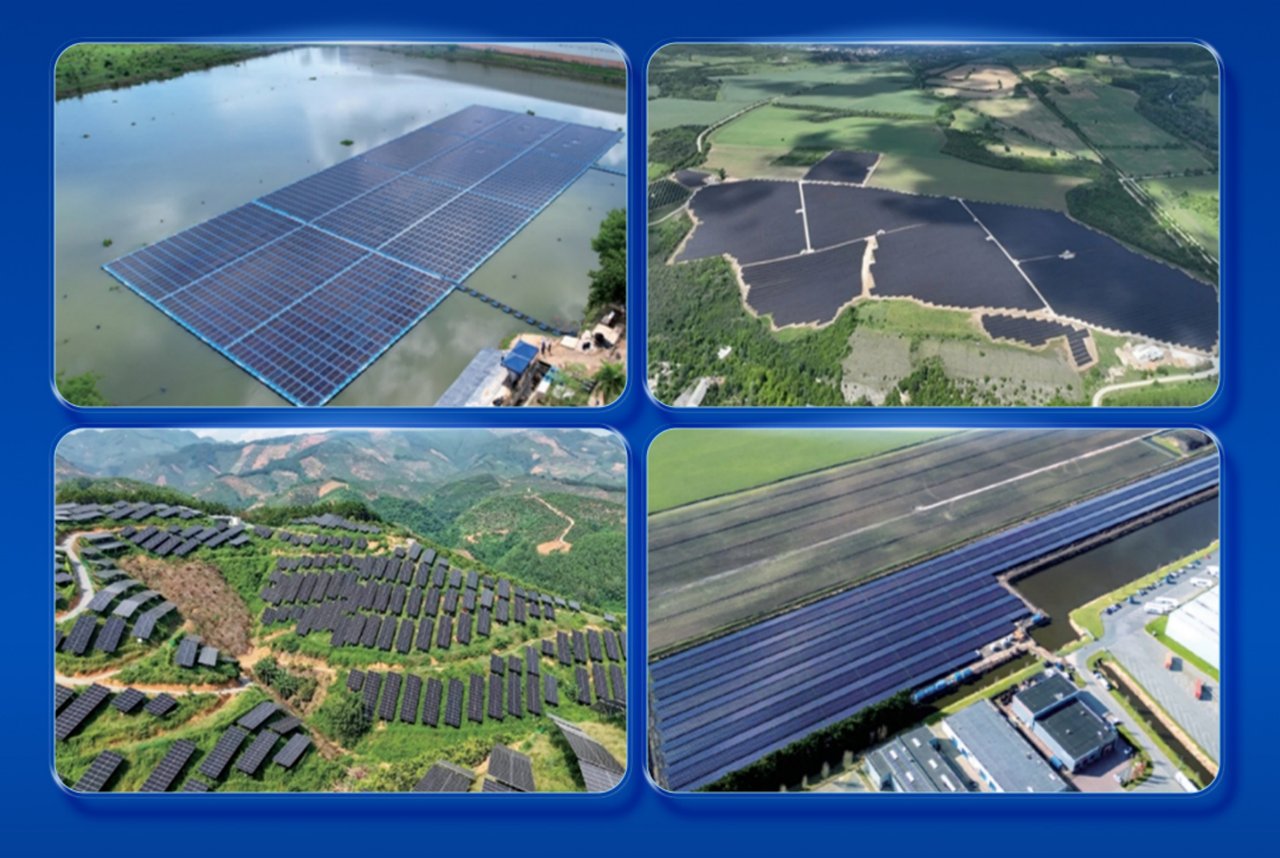 Aerial views of CHINT Electric solar farms including floating, ground-mounted, and hillside PV arrays in different landscapes