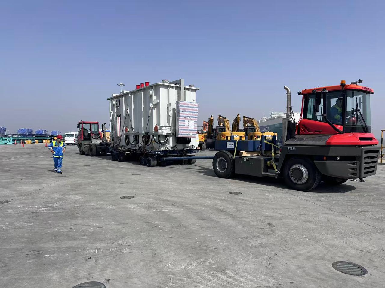 chint transformer moved by mafi trailer for roro shipping at port