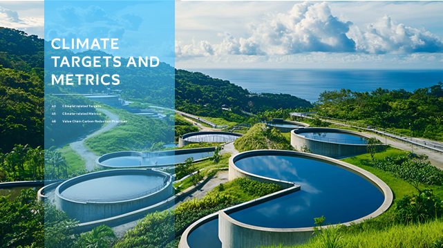 Climate Targets and Metrics section page showing water treatment facility surrounded by green landscape