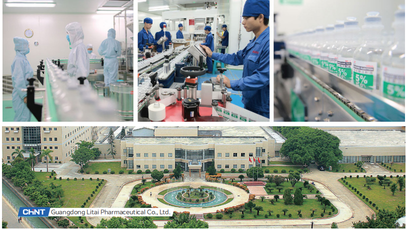 Guangdong Litai Pharmaceutical production facility showing cleanroom manufacturing, automated bottling lines, and factory campus overview