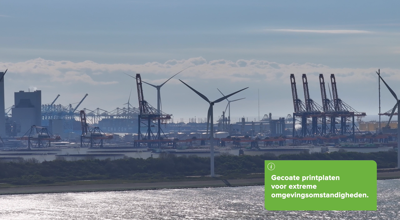 Port with cranes and wind turbines by the water
