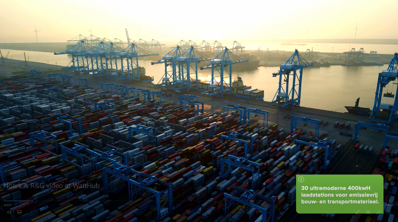 Container port in Rotterdam with cranes and EV charging infrastructure